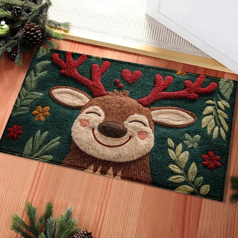 Gingerbread Man Reindeer Welcome Mat, 40x60cm Non-Slip Christmas Doormat for Indoor/Outdoor